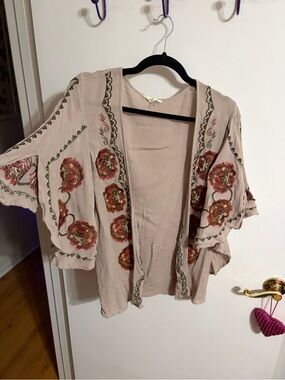💜 Medium Embroidered Floral Open Kimono Cardigan - Beige with Rust Accents